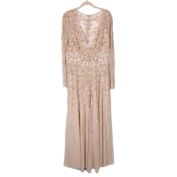 Mac Duggal Embellished Wrap Over Illusion Long Sleeve A Line Gown 16 Peach #8205 - Picture 3 of 8